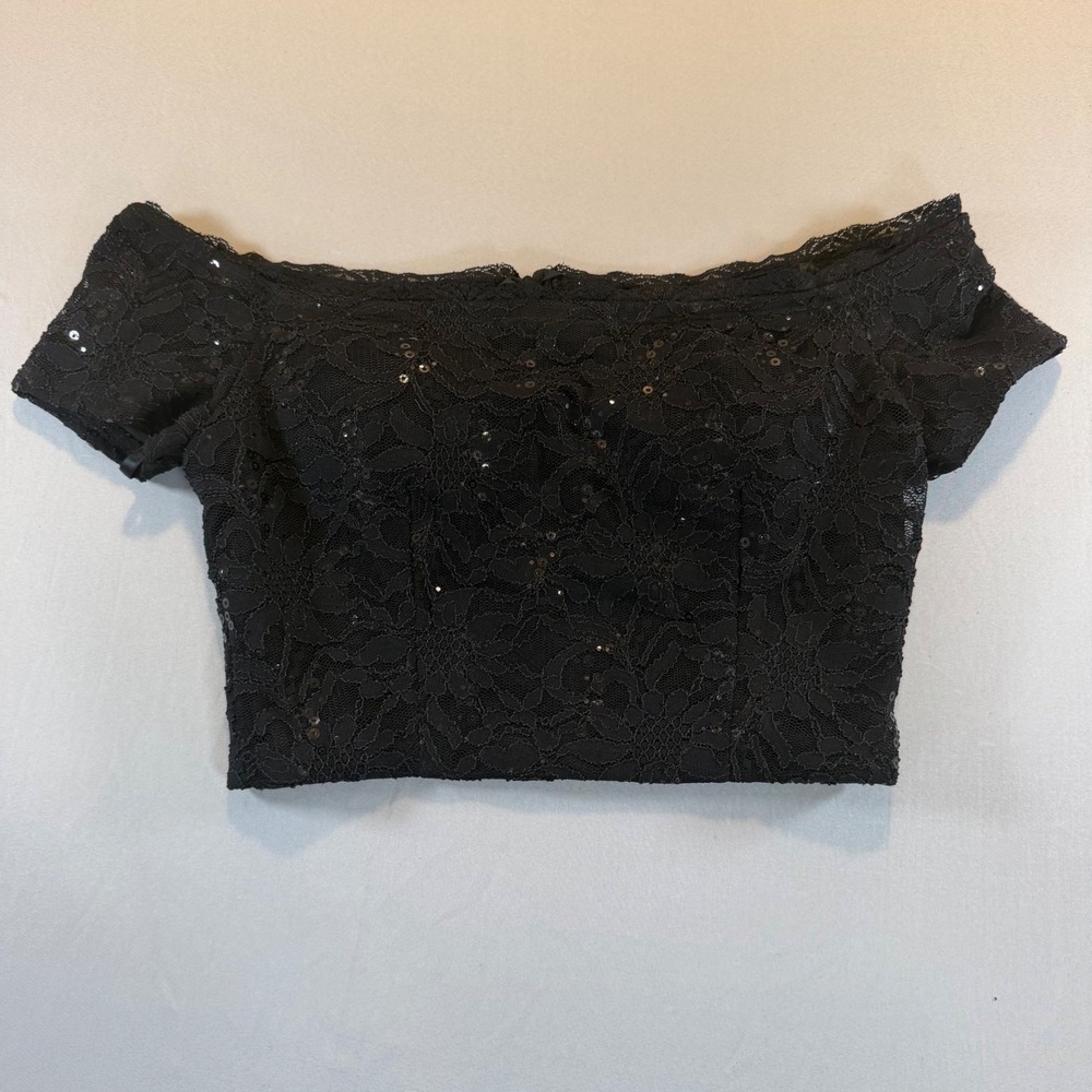 Black Lace Sequin Crop Top 7 Coquette Ethereal Dark Fairy Romatic Whimsigoth‎